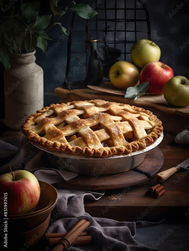 Homemade apple pie with lattice crust on a rustic table. Homemade apple pie with lattice crust on a rustic table.