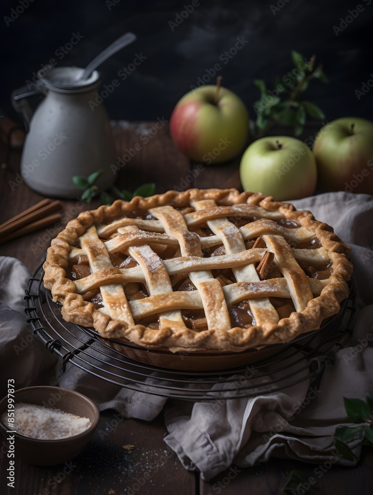 Homemade apple pie with lattice crust on a rustic table. Homemade apple pie with lattice crust on a rustic table.