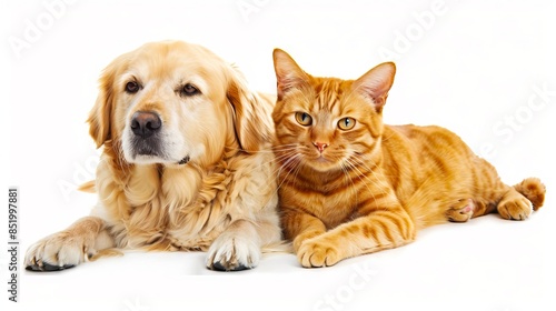 A cat and dog are laying down on a white background. © VISUAL BACKGROUND