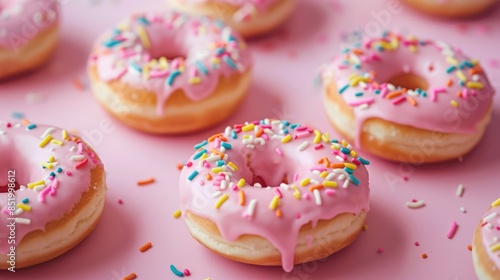 Round donuts with sprinkles, dessert in sweet pink glaze. Sweet dessert. Bright, juicy background. © Cherkasova Alie