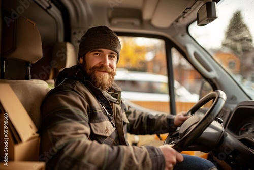 Bearded delivery man in a beanie sits in his van with a smile on his face © ALEXSTUDIO