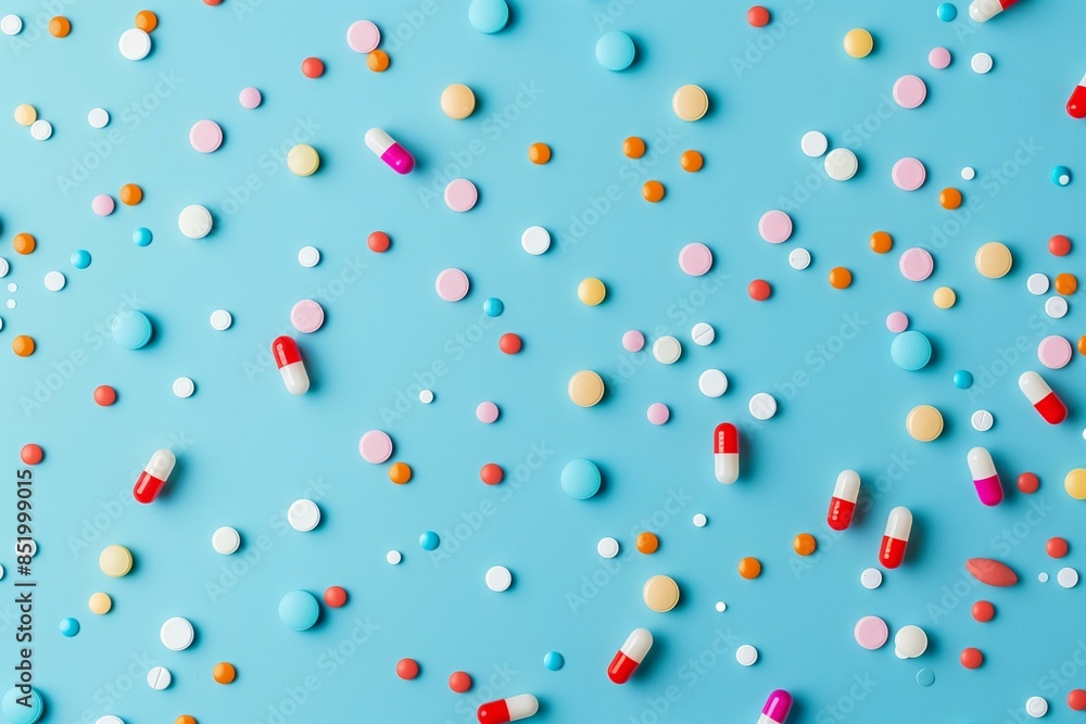 A vibrant and colorful array of various pills and tablets scattered against a bright blue background, creating a visually appealing and dynamic composition. A vibrant and colorful array of various pills and tablets scattered against a bright blue background, creating a visually appealing and dynamic composition.