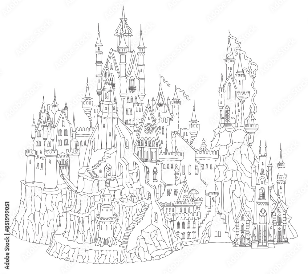 Fairy tale castle fortress. Hand drawn black and white architectural sketch for coloring book page