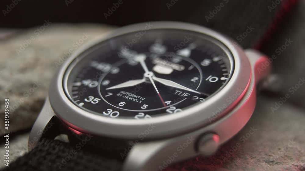 Macro close up of an accurate automatic mechanical watch with moving hands Macro close up of an accurate automatic mechanical watch with moving hands