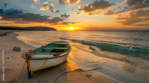 Dramitc sunset with boat on beach photo