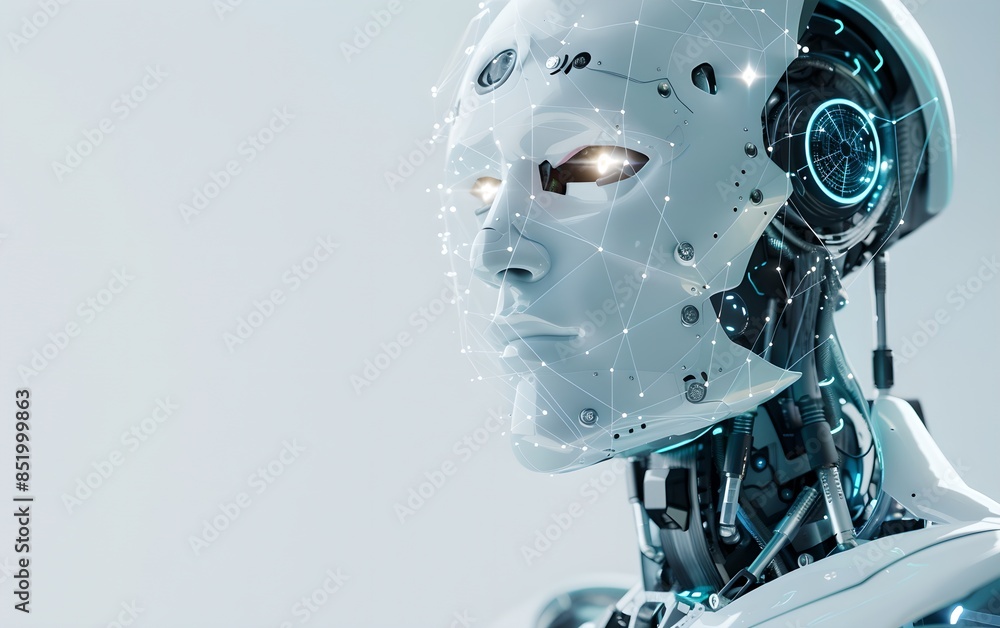 Humanoid robot with digital connections network on white background. Future robotic and cybernetic concept. Futuristic artificial intelligence technology and robotization. Banner with copy space Humanoid robot with digital connections network on white background. Future robotic and cybernetic concept. Futuristic artificial intelligence technology and robotization. Banner with copy space
