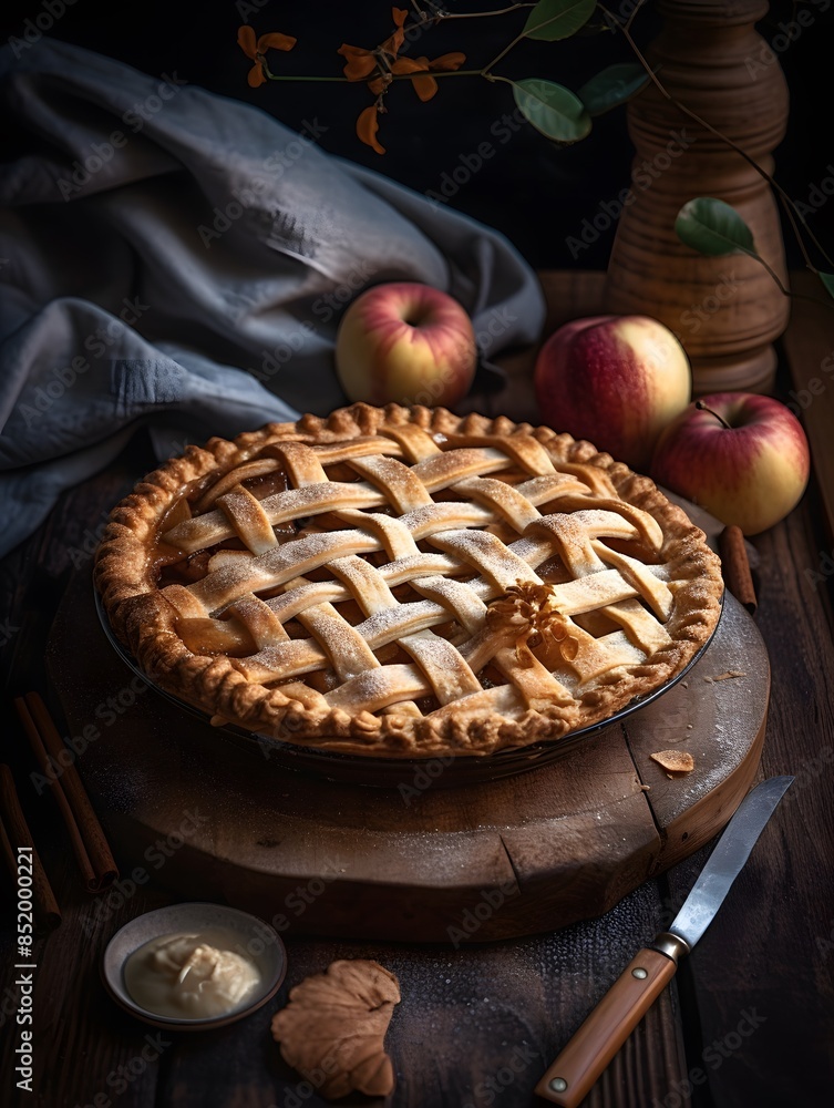 Homemade apple pie with lattice crust on a rustic table. Homemade apple pie with lattice crust on a rustic table.