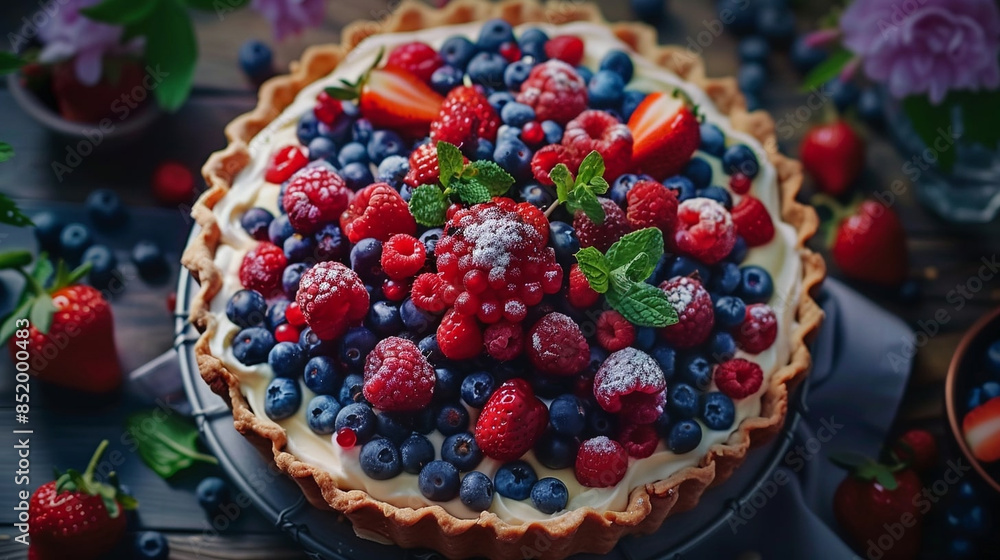 Berry yogurt open pie, top view Berry yogurt open pie, top view