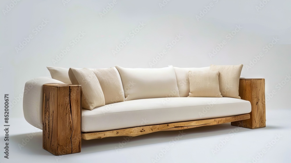 Obraz premium A white couch with wooden legs and pillows.