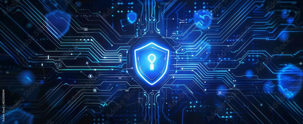 Abstract digital background with blue circuit board lines and security shield icon Abstract digital background with blue circuit board lines and security shield icon