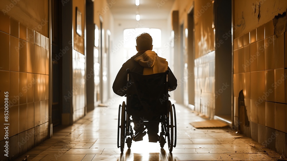 Silhouette of a young man in a wheelchair, navigating the hallway of an old hospital bathed in soft, filtered light. Silhouette of a young man in a wheelchair, navigating the hallway of an old hospital bathed in soft, filtered light.