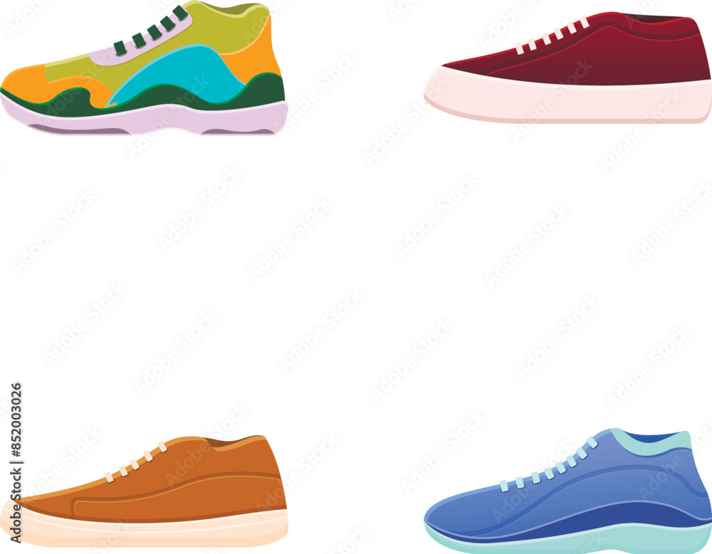 Sport shoe icons set cartoon vector. Comfortable shoe for training and running. Sport footwear fashion Sport shoe icons set cartoon vector. Comfortable shoe for training and running. Sport footwear fashion
