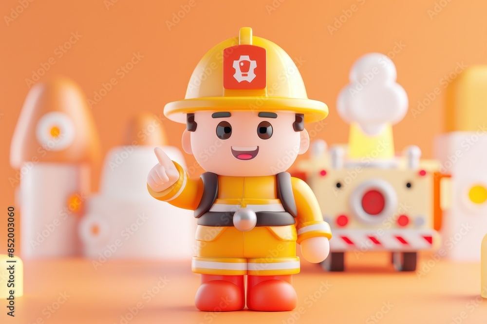 3D rendering of a cute, friendly firefighter character pointing in an illustrated style with free space 3D rendering of a cute, friendly firefighter character pointing in an illustrated style with free space