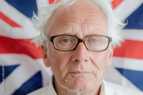 Elderly UK voter portrait in front of Union Jack flag with space, capturing authentic essence and natural light ambiance. photo