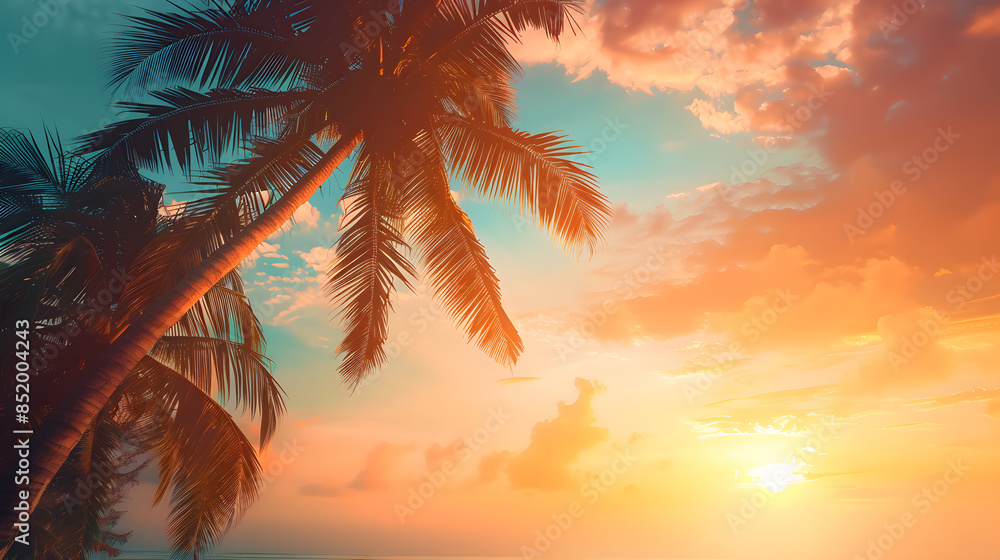 Tropical palm tree over sunset sky. Palms and beautiful sky background. Tourism, vacation concept backdrop. Palms silhouettes over orange sun Tropical palm tree over sunset sky. Palms and beautiful sky background. Tourism, vacation concept backdrop. Palms silhouettes over orange sun