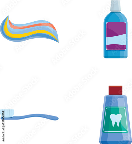 Teeth care icons set cartoon vector. Mouthwash, toothpaste and toothbrush. Oral care equipment