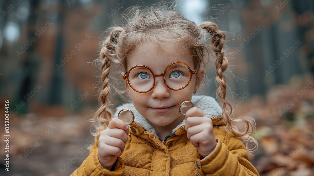 A young girl with braids and glasses smiles for the camera while standing in a forest A young girl with braids and glasses smiles for the camera while standing in a forest