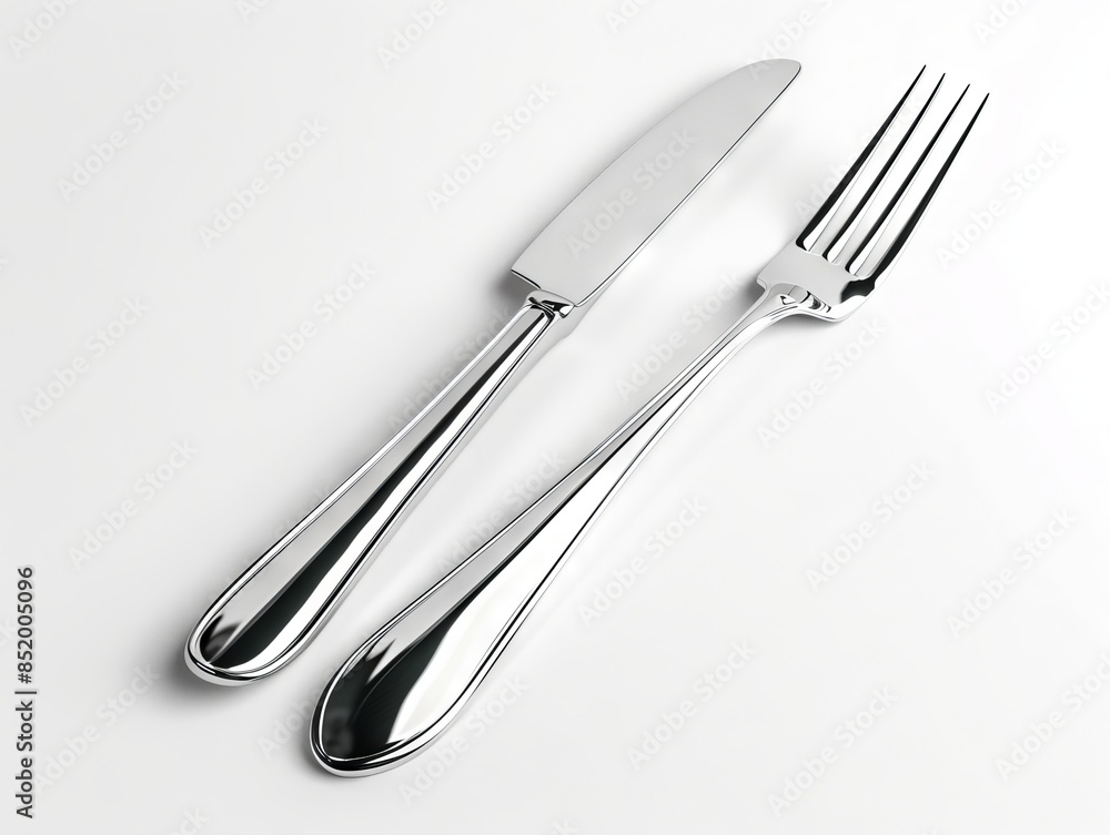 A silver fork and knife on a white background. A silver fork and knife on a white background.