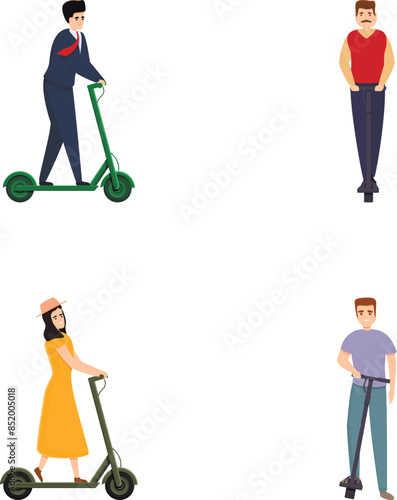 Modern scooter icons set cartoon vector. Man and woman riding electric scooter. Ecology transport photo