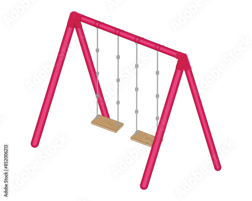 vector design of an illustration of a swing commonly found in playgrounds for children made of red iron and two sitting benches made of wood with hanging chains