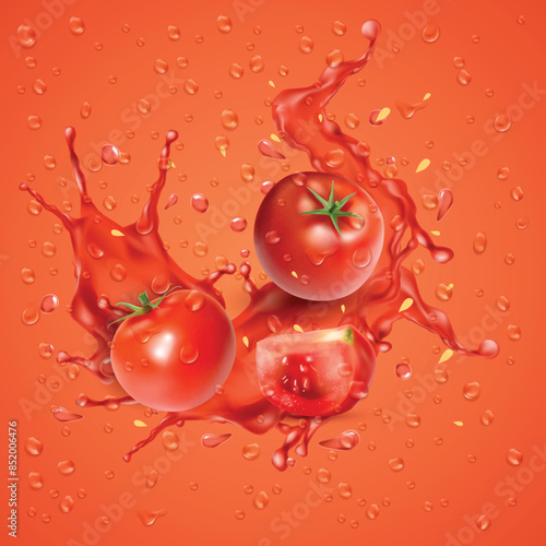 Fresh red juicy tomato, a juicy splash of tomatoes, and water drops with bubbles.