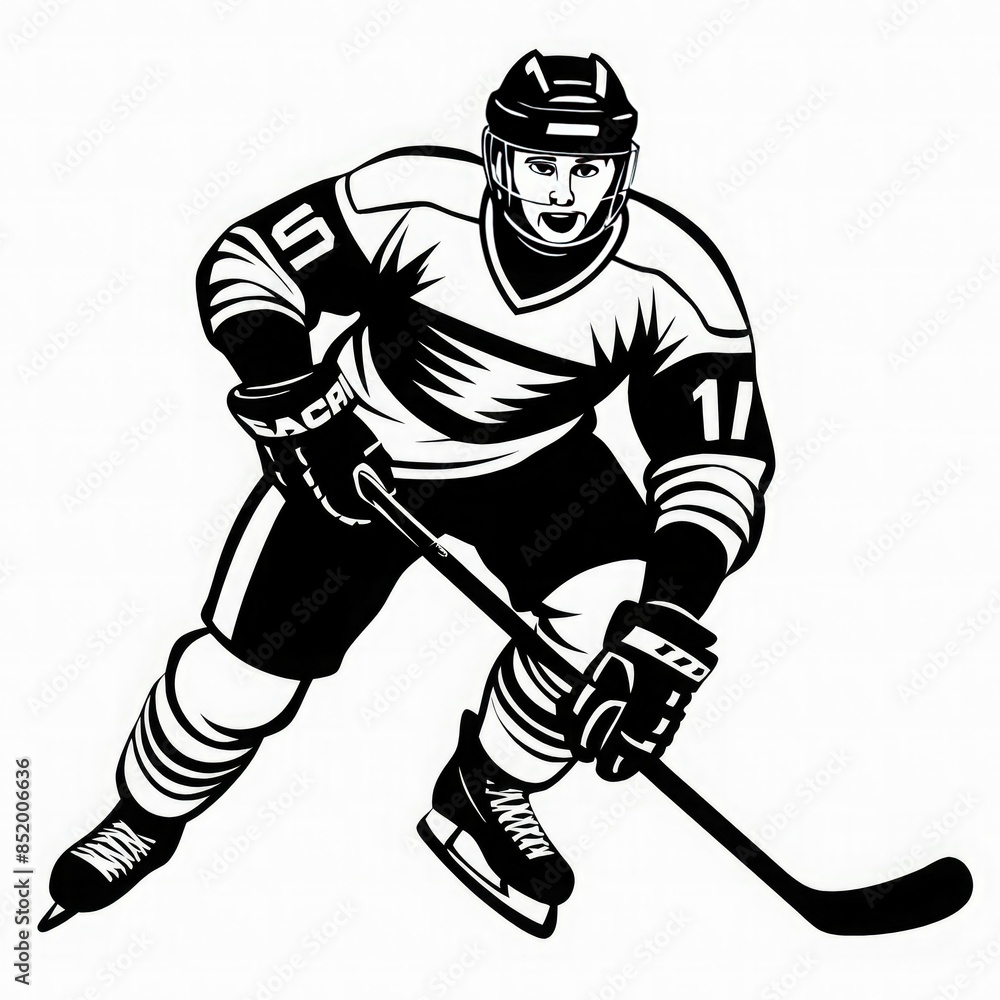 Fototapeta premium hockey player in action holding a hockey stick. Dynamic pose and determined facial expression highlight themes of athleticism, speed and skill