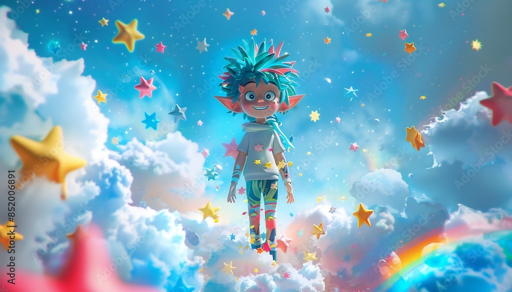 Obraz premium Image of a humorous cartoon character surrounded by funny stars and a bright rainbow