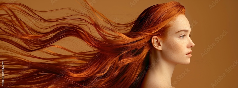 a beautiful woman with long red hair in motion on a brown background, in the style of a banner for a beauty and hairstyle studio advertising concept a beautiful woman with long red hair in motion on a brown background, in the style of a banner for a beauty and hairstyle studio advertising concept