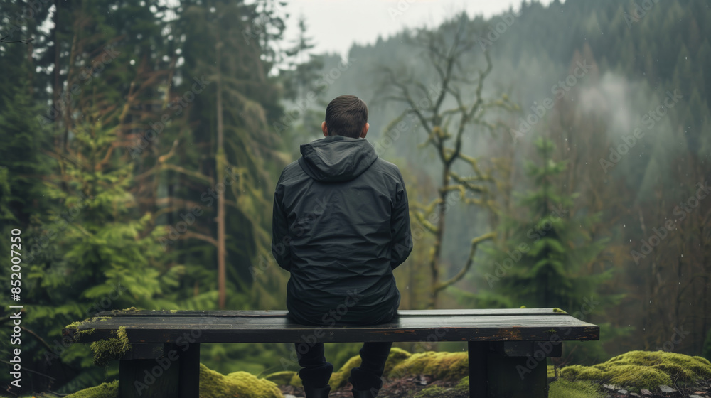 Fototapeta premium Back view of a man in a dark jacket sits alone on a wooden bench, facing a misty forest filled with tall, dense trees
