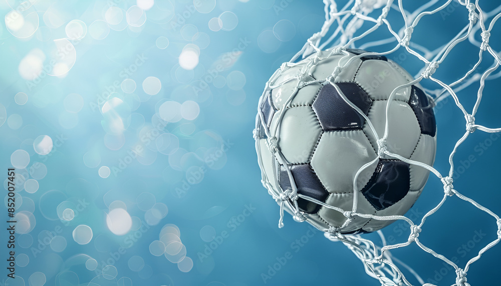 Naklejka premium Football socer ball on football play, flying ball net over blue background with copy space, goal concept