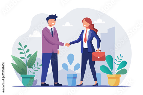 Business people shaking hands finishing up meeting modern flat design simple vector illustration isolated transparent background;