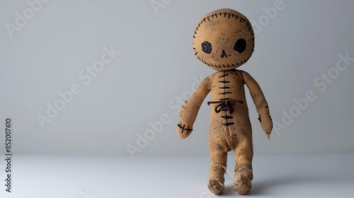 A spooky voodoo doll stands alone against a stark white background perfect for Halloween photo