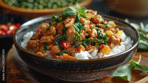 Close-up of Chicken Basil with Rice in a Bowl