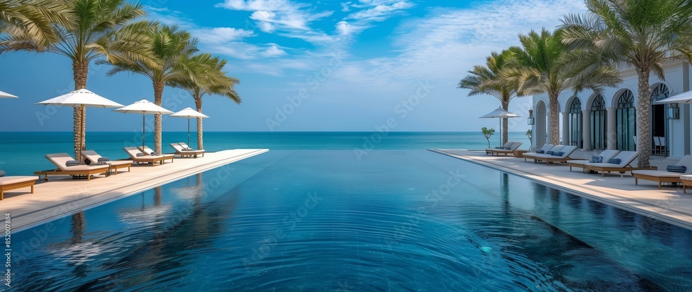 Fototapeta premium a luxury beach resort with a swimming pool containing sunbeds and umbrellas on the side