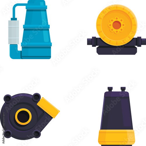 Industrial pump icons set cartoon vector. Water and liquid pumping. Technical equipment