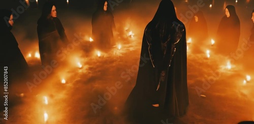 Cult gathering with candles at night
