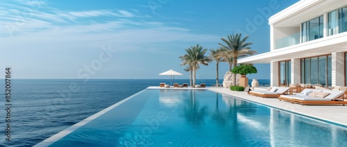 a luxury beach resort with a swimming pool containing sunbeds and umbrellas on the side of an infinity blue ocean
