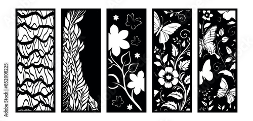 Set of laser cut panel with floral pattern.Borders, fence, screen cut templates