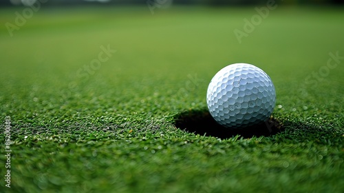 A golf ball sits on the green grass just beside the hole on the putting green