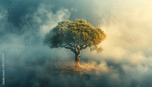Lebanon cedar tree standing in a cloud of smoke photo