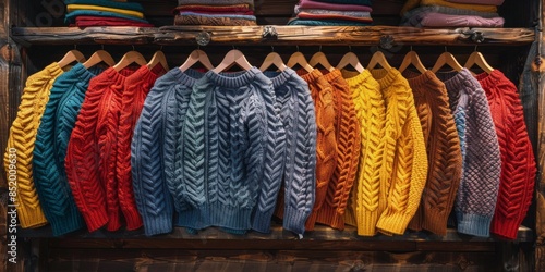 Colorful Sweaters Hanging on Wooden Rack © yganko