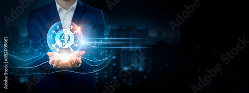 Photos Energy Technology: Businessman Holding Global Network Connection of Data