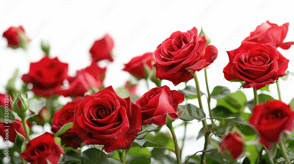 A stunning arrangement of red roses set against a pristine white background A stunning arrangement of red roses set against a pristine white background