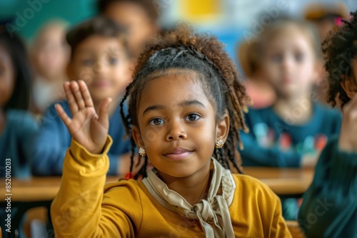 A young girl with her hand raised up. Smiles in front of a classroom filled with students.