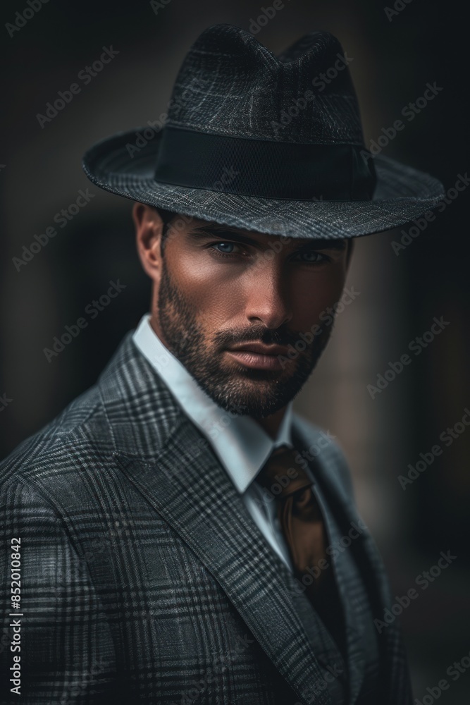 A man in a black hat and suit standing in a dark room. A man in a black hat and suit standing in a dark room.