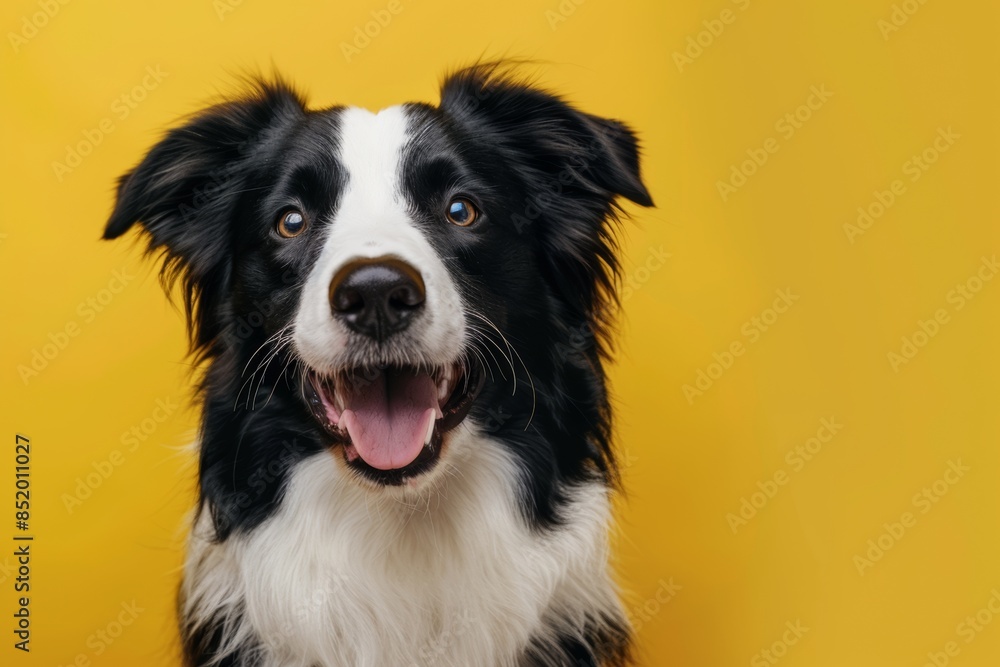 A black and white Border Collie with a playful expression against a bright yellow background A black and white Border Collie with a playful expression against a bright yellow background
