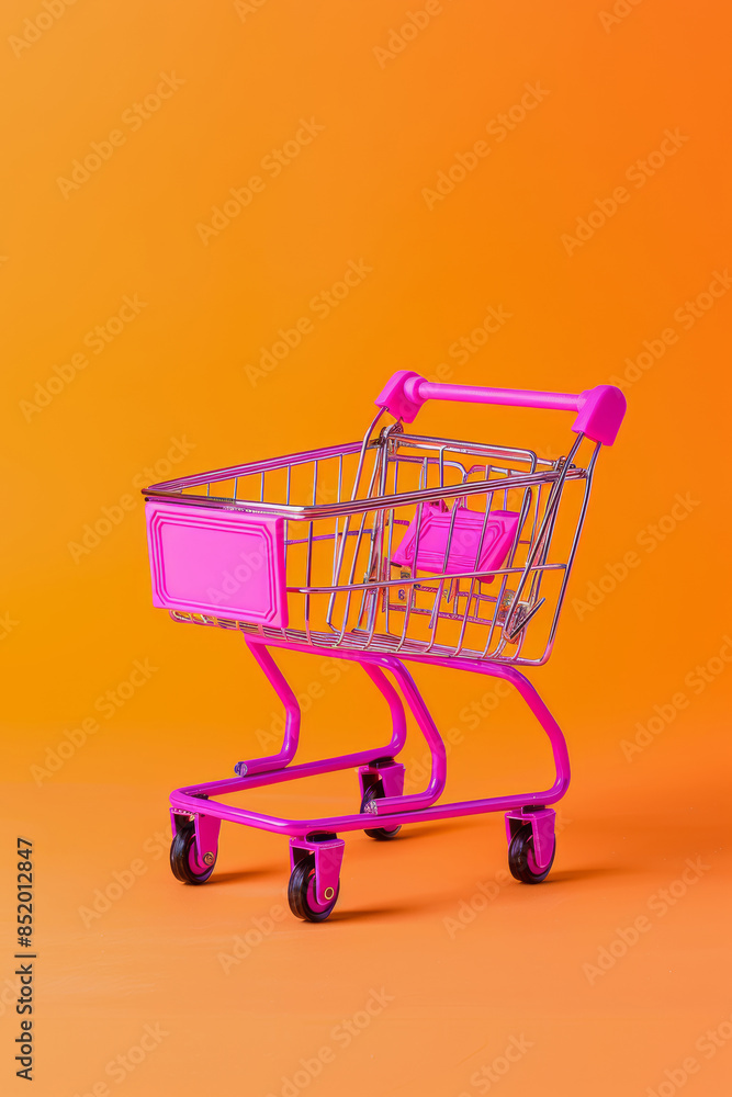 Vibrant Pink Shopping Cart on Orange Background Vibrant Pink Shopping Cart on Orange Background
