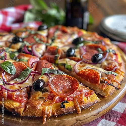 A thin-crust pizza topped with tomato sauce, mozzarella, pepperoni, olives, red onions, and basil. Sliced on a wooden board with a red-checkered tablecloth, olive oil bottle, and red wine. 
