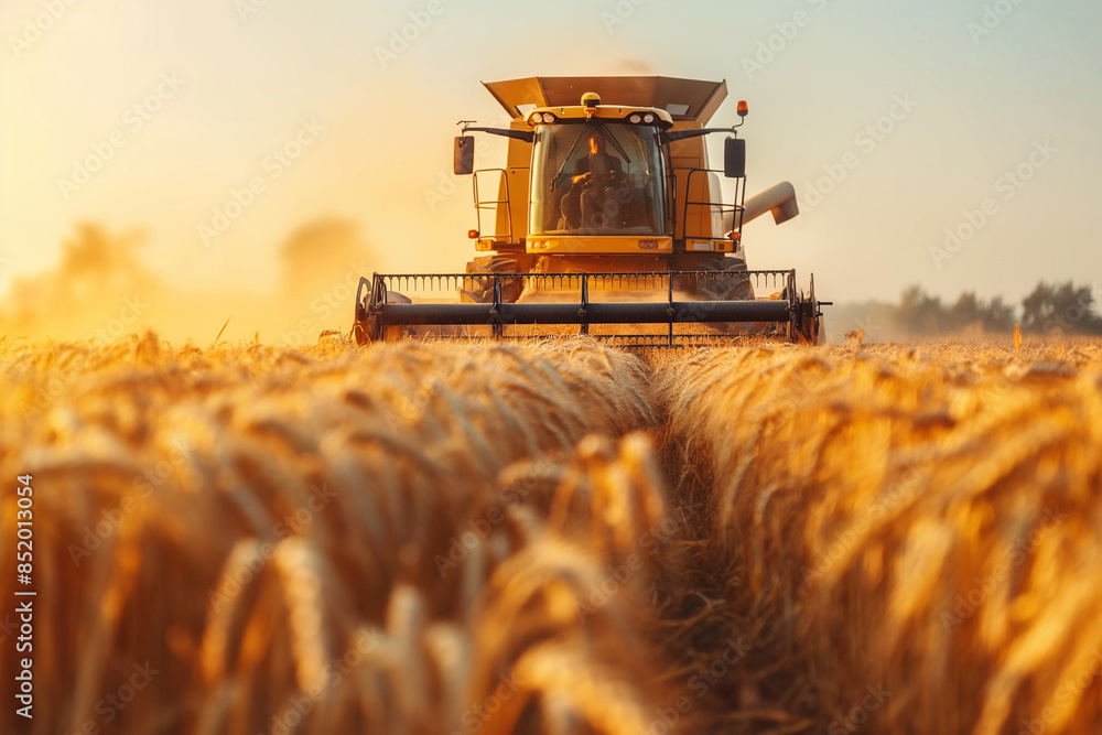 a close-up of golden wheat ears in the foreground with a combine harvester working in the background a close-up of golden wheat ears in the foreground with a combine harvester working in the background