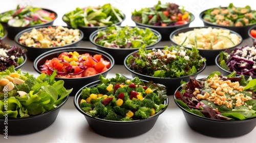 A collection of different salads is displayed on a white background